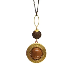 Round Vintage Locket Necklace - Bronzite and Wood