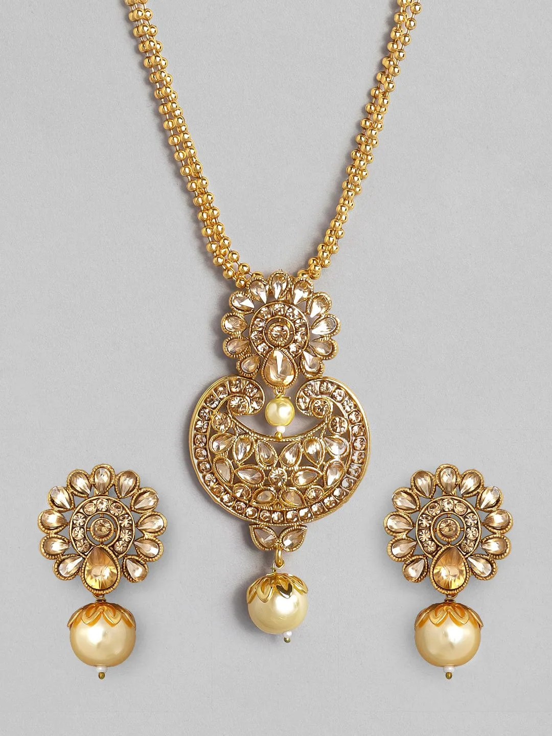 Rubans 22K Gold Plated Handcrafted Kundan Stone Pendant Set