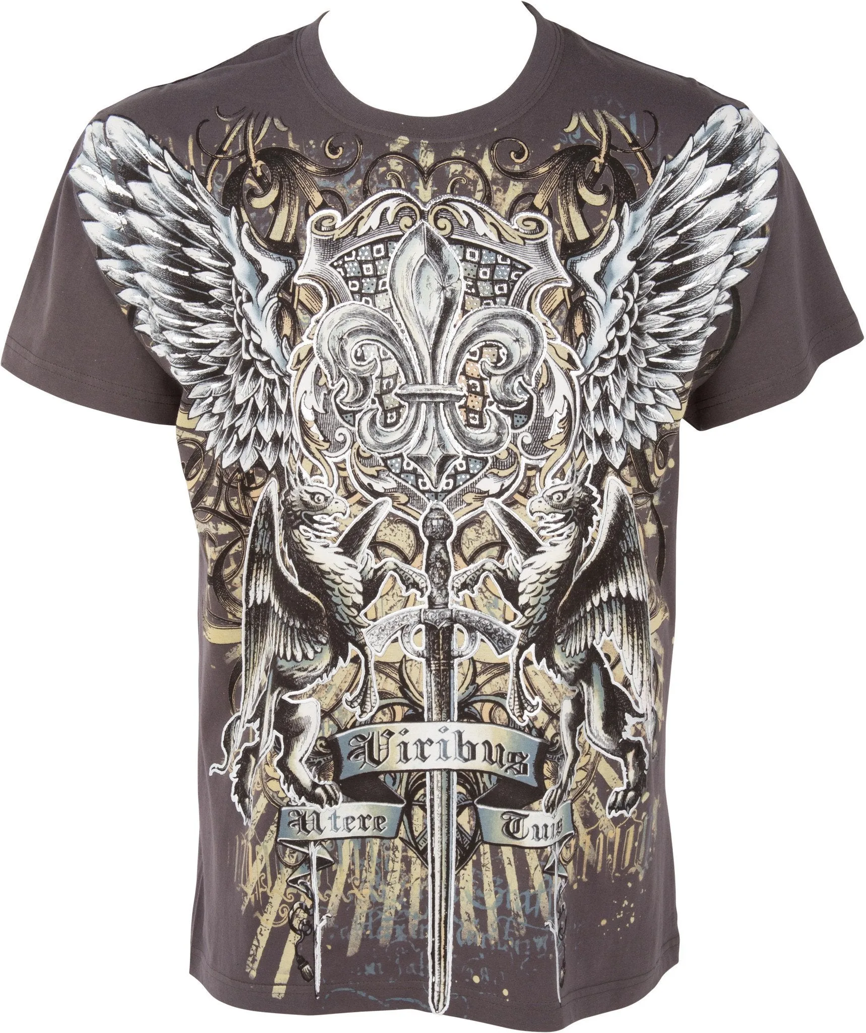 Sakkas Sword and Griffin Metallic Silver Embossed Cotton Mens Fashion T-shirt