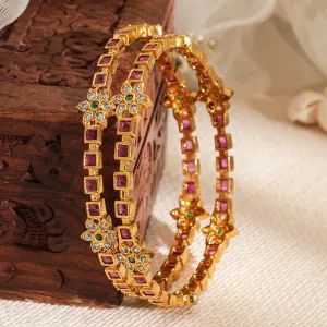 Set of 2, 22K Gold-Plated Ruby Pink & Emerald Kundan with Zicronia Studded Bangles