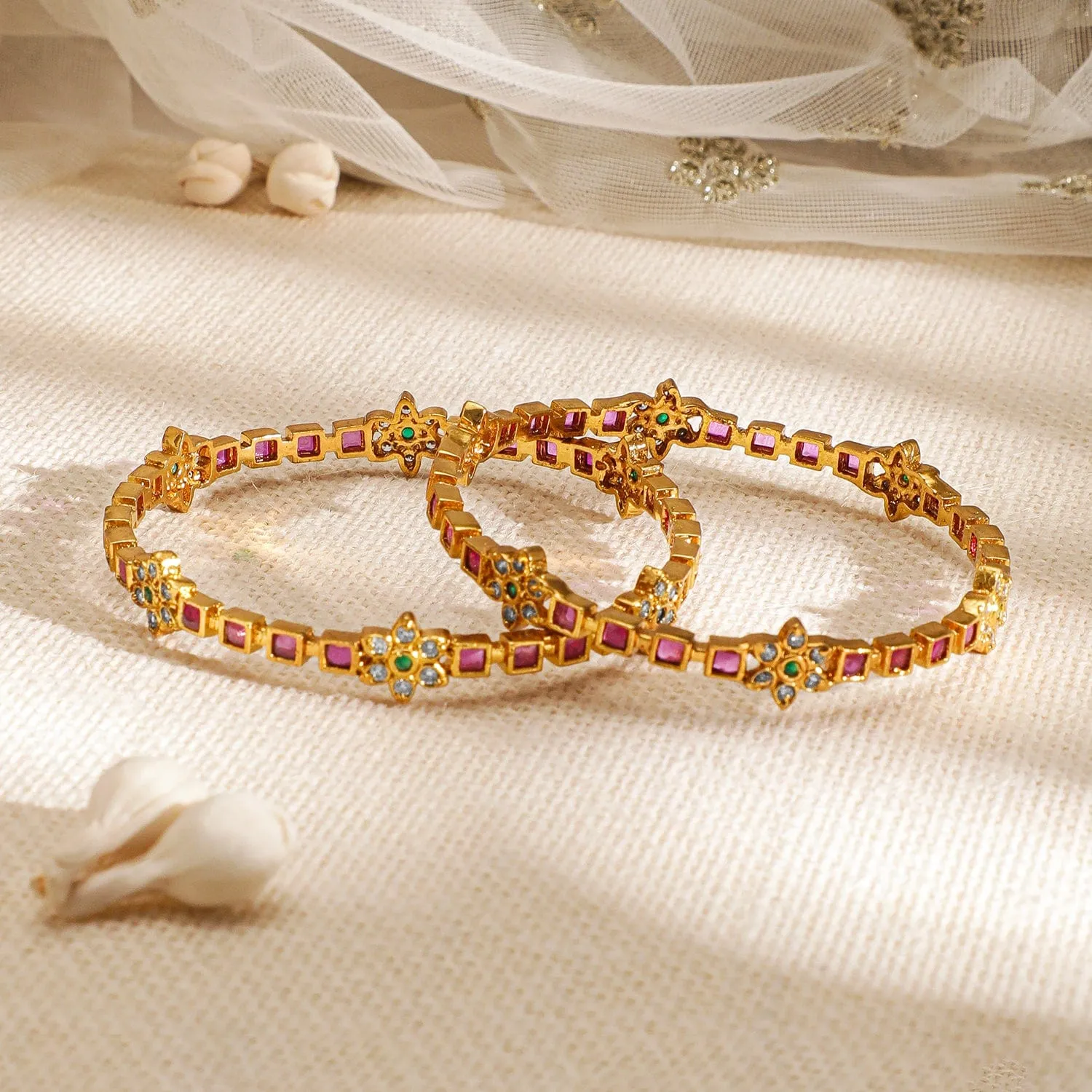 Set of 2, 22K Gold-Plated Ruby Pink & Emerald Kundan with Zicronia Studded Bangles