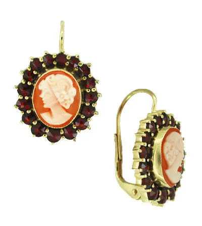 Shell Cameo Earrings with Bohemian Garnet Frames in 14 Karat Yellow Gold & Sterling Silver Vermeil