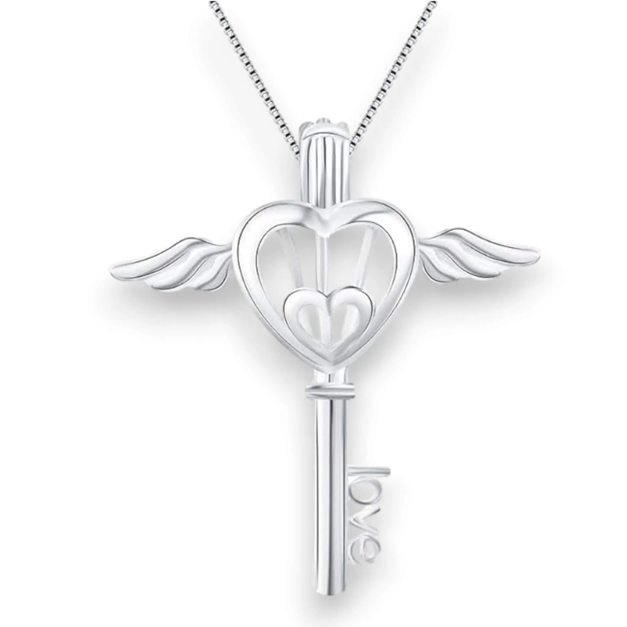 Silver Heart Wings Skeleton Key Locket Necklace