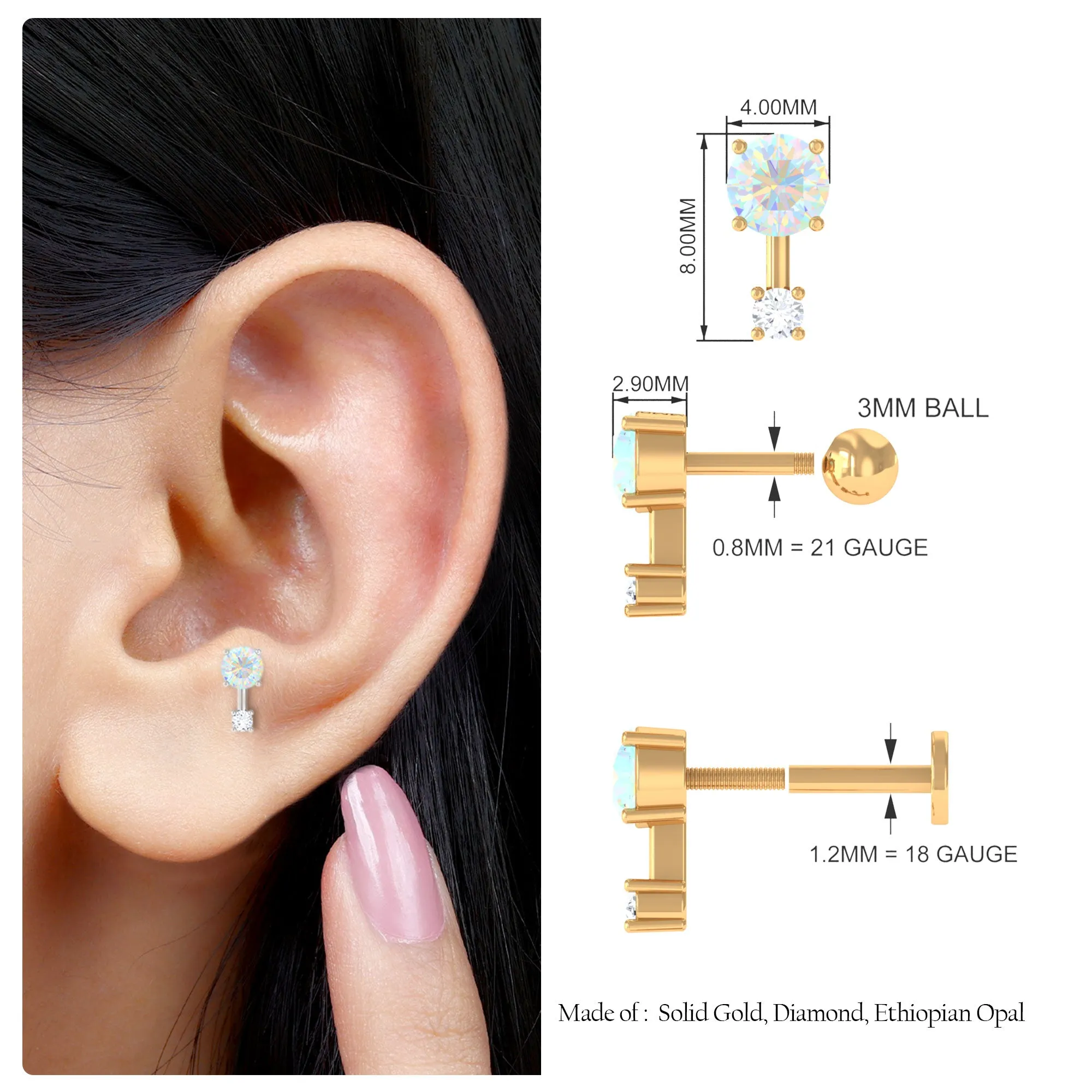 Simple Ethiopian Opal and Diamond 2 Stone Tragus Earring