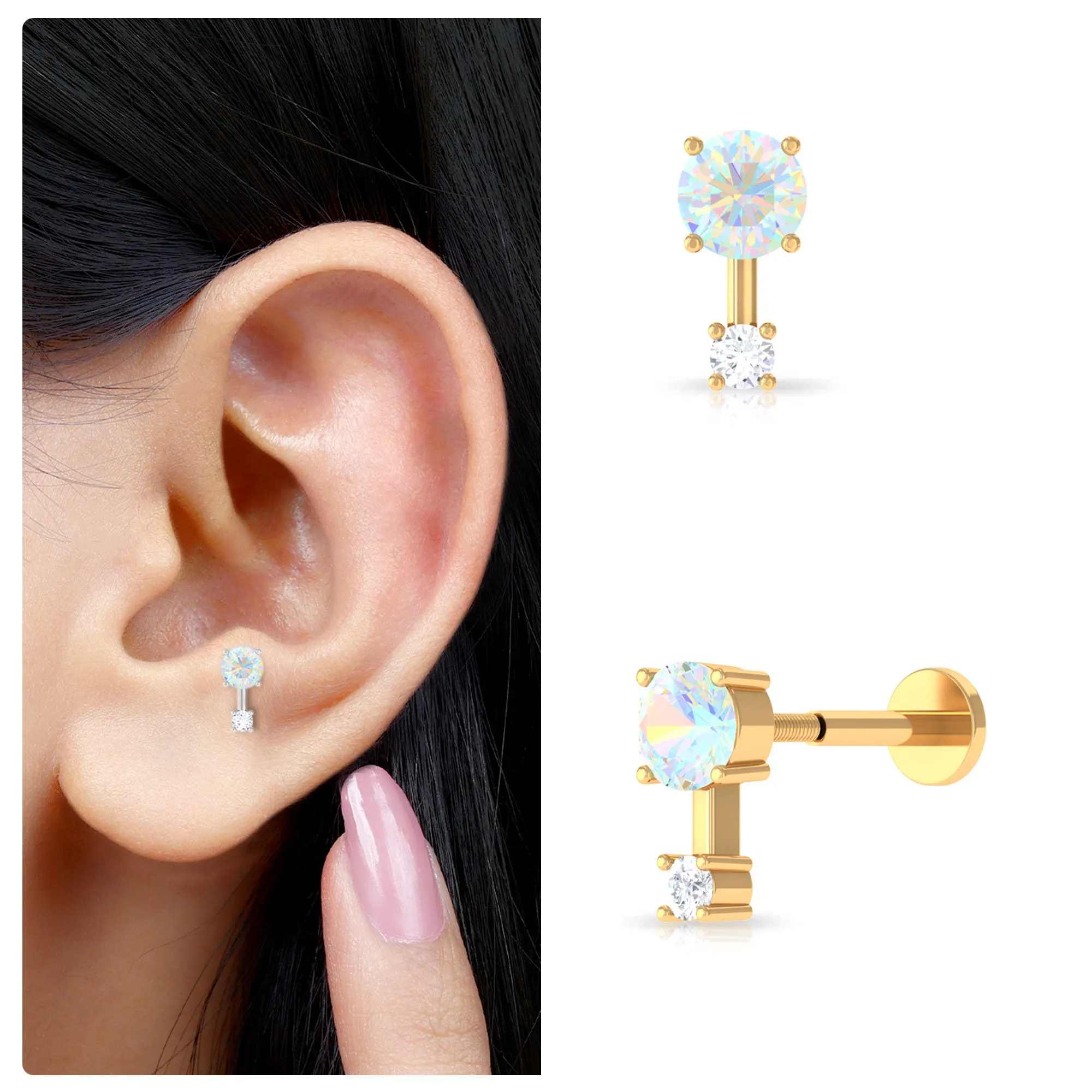 Simple Ethiopian Opal and Diamond 2 Stone Tragus Earring