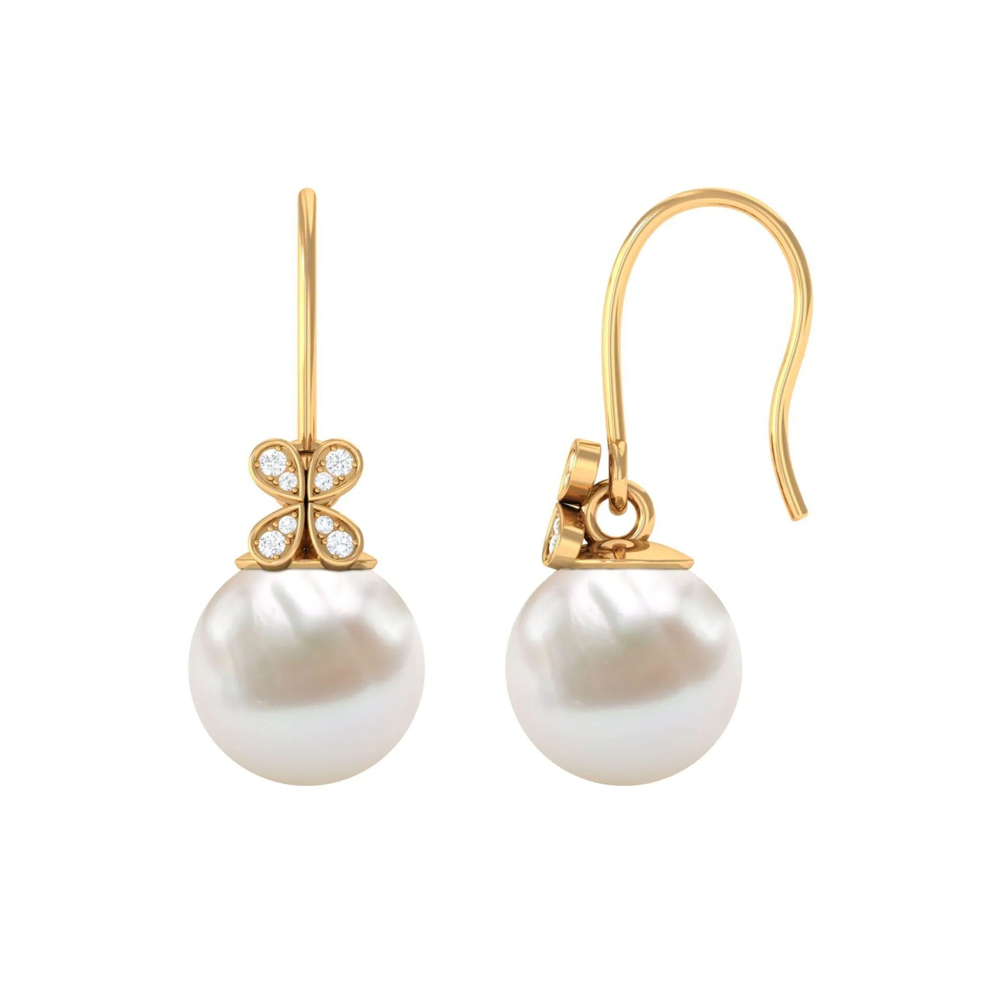 Simple Freshwater Pearl and Diamond Flower Drop Earrings with Fish Hook