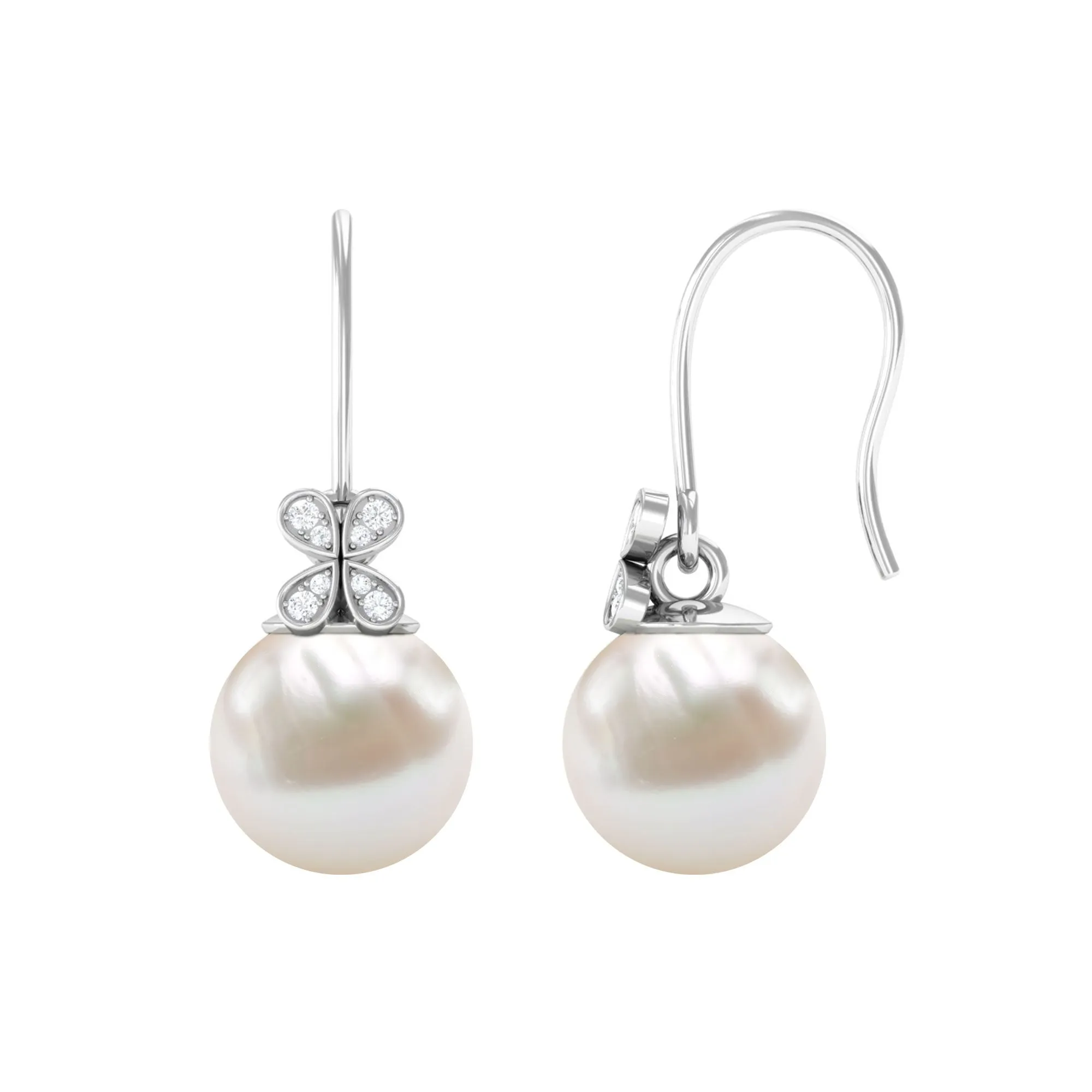 Simple Freshwater Pearl and Diamond Flower Drop Earrings with Fish Hook