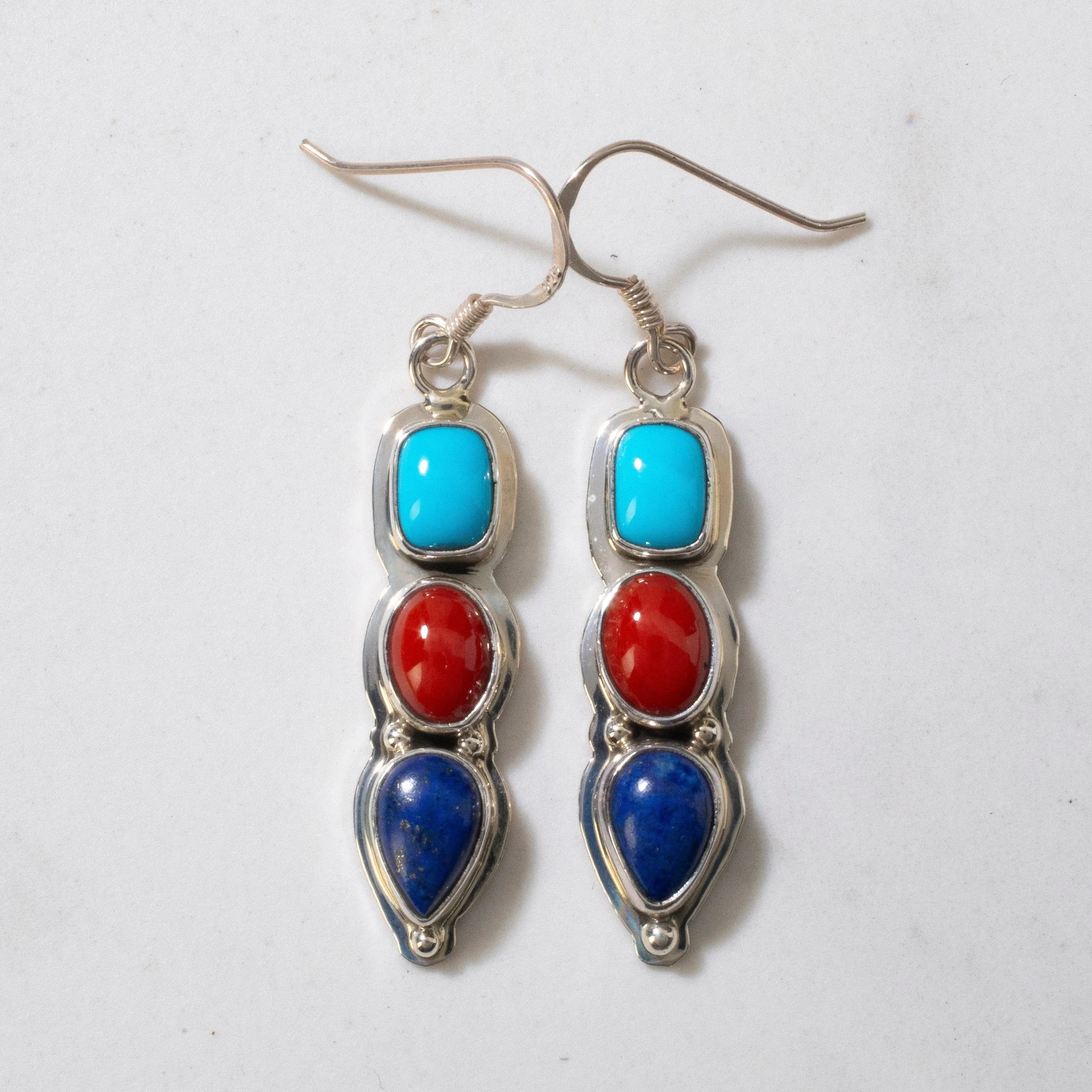 Sleeping Beauty Turquoise, Red Coral, & Lapis Dangle Navajo USA Native American Made 925 Sterling Silver Earrings with French Hook