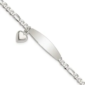 Sterling Silver Polished Figaro ID Heart Dangle Bracelet