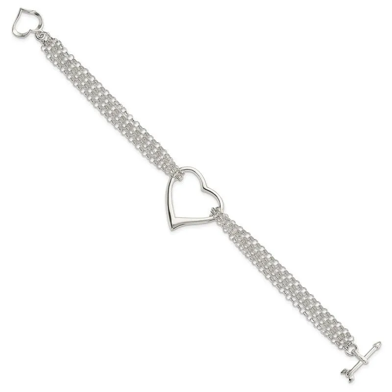 Sterling Silver Polished Multi Strand Heart Bracelet