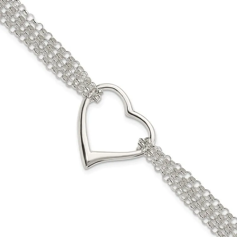 Sterling Silver Polished Multi Strand Heart Bracelet