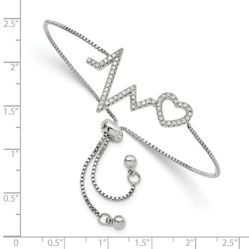 Sterling Silver Polished Rhodium Micro Pav‚ CZ Heartbeat Adj. Bracelet