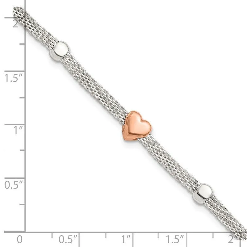 Sterling Silver Polished Rose-plated Heart Bracelet