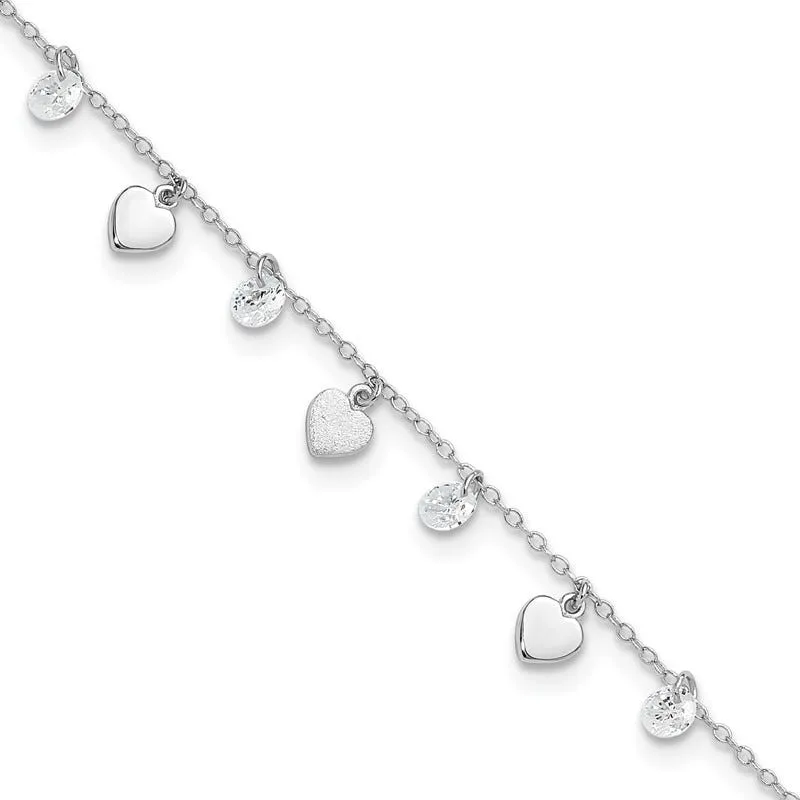 Sterling Silver RH-plated Polish and Brushed Heart CZ 8.75in Plus 1inExt An