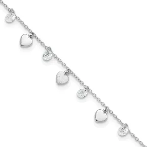 Sterling Silver RH-plated Polish and Brushed Heart CZ 8.75in Plus 1inExt An