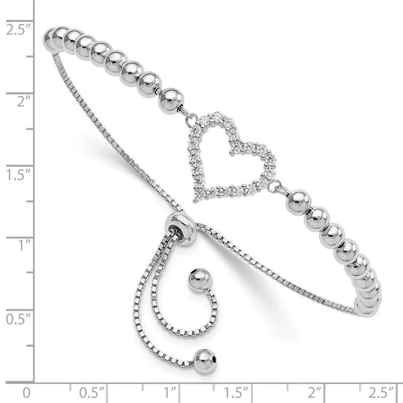 Sterling Silver Rhodium-plated Beaded CZ Heart Adjustable Bracelet