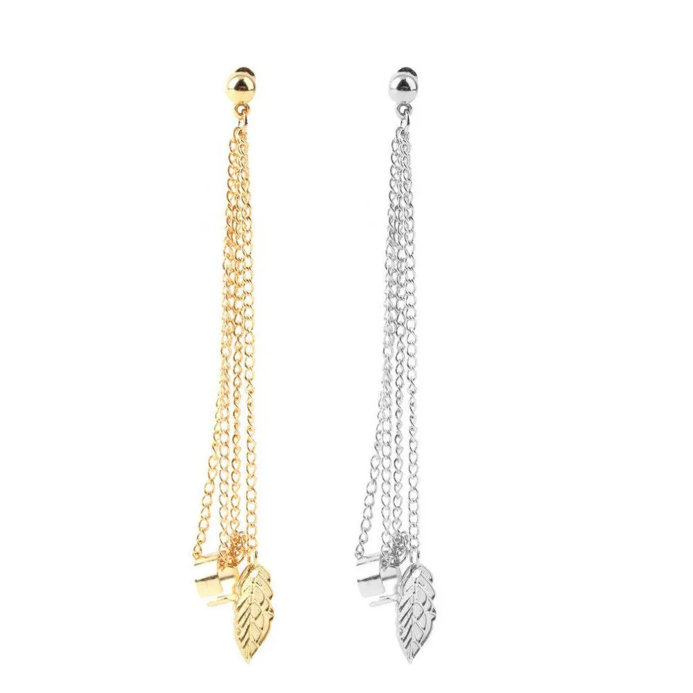 Tassel Chains Leaf Pendant Ear Cuff Elegant Women Girls Clip Stud Earring