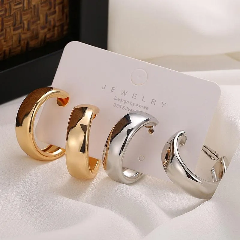 Trendy Simple Silver Color Hoop Earrings For Women