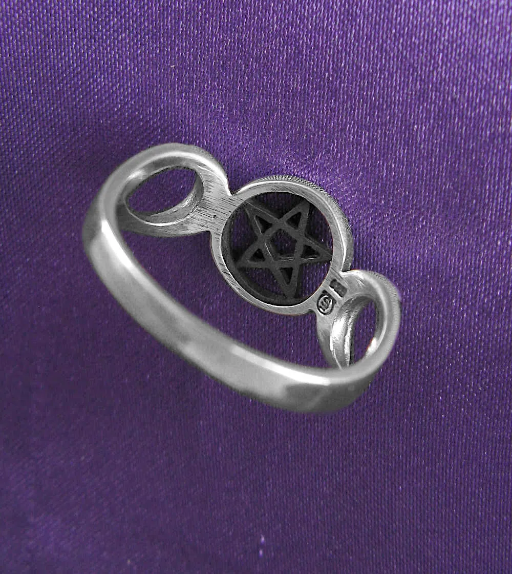 Triple Moon Symbol With Pentagram Cut-Out Ring