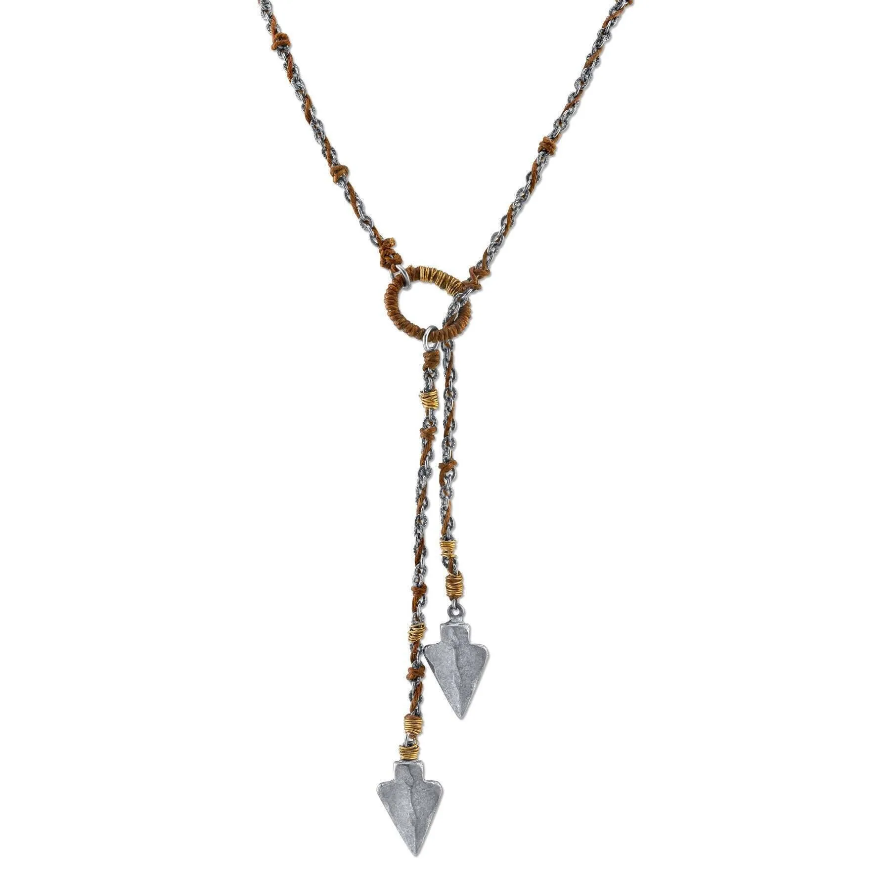 T.R.U. Pewter-Tone Double Arrowhead Waxed Linen Wrapped Lariat Necklace 42"