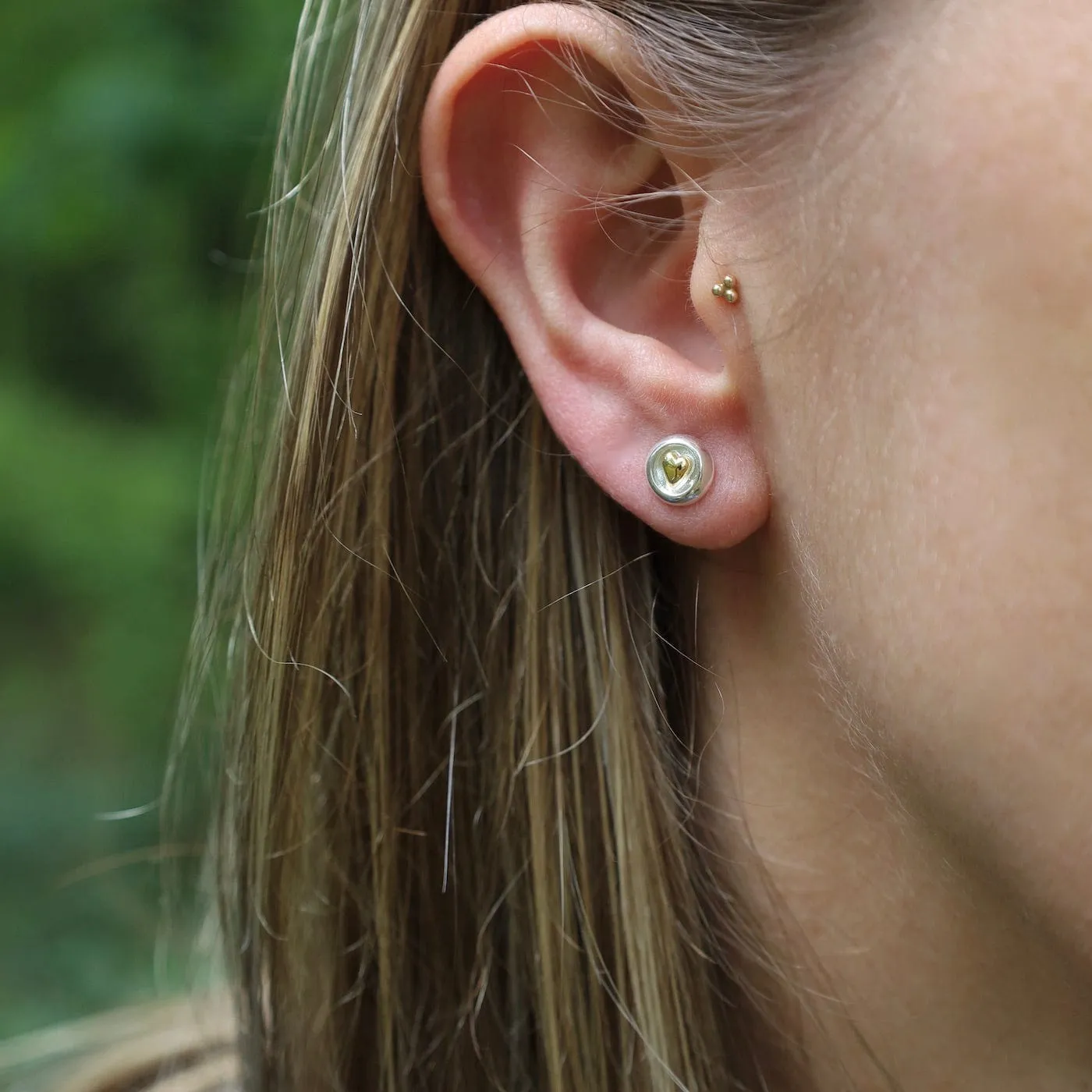 Two Tone Heart In Circle Stud Earrings