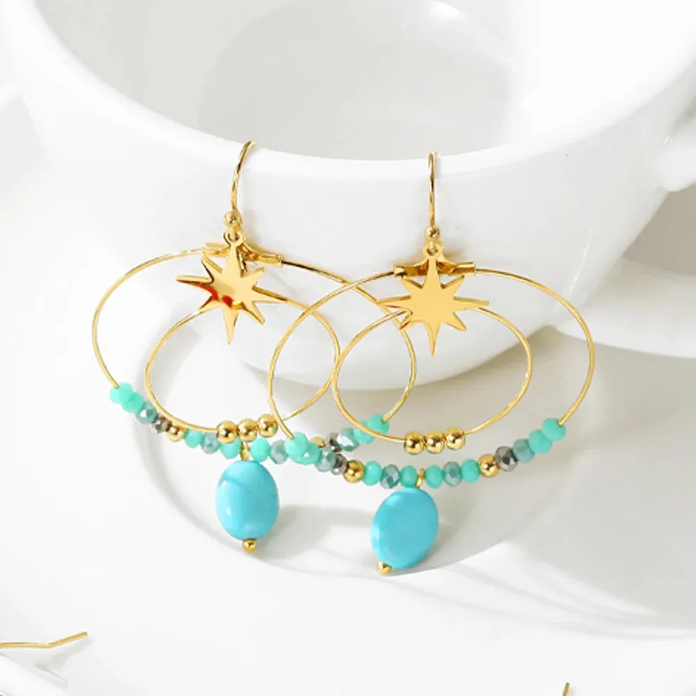 VAIGE Turquoise Natural Stone & Stainless Steel Double Layer Drop Earrings - Bohemian Chic Jewelry