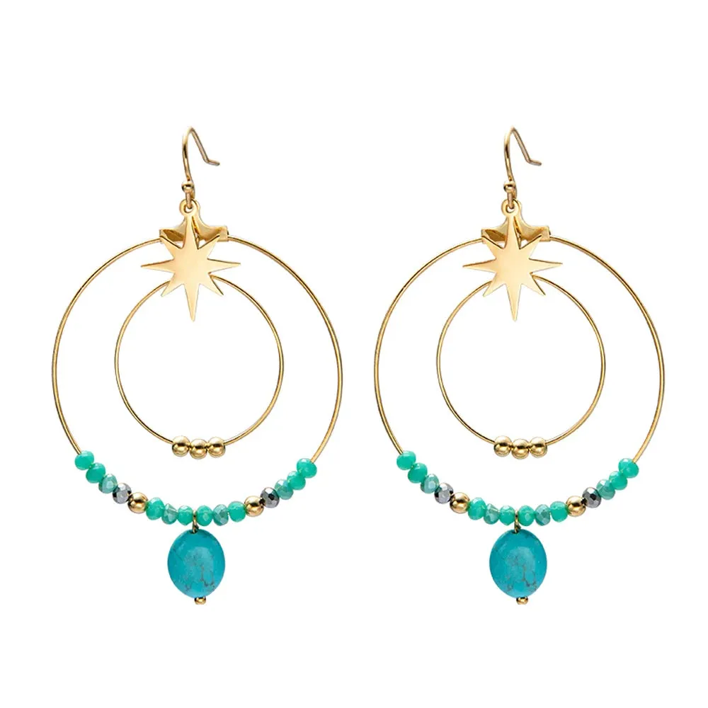 VAIGE Turquoise Natural Stone & Stainless Steel Double Layer Drop Earrings - Bohemian Chic Jewelry