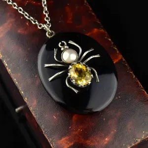 Victorian Citrine Spider French Jet Locket Necklace