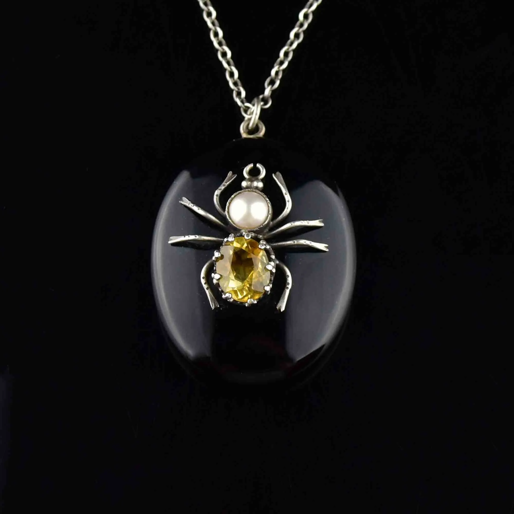 Victorian Citrine Spider French Jet Locket Necklace