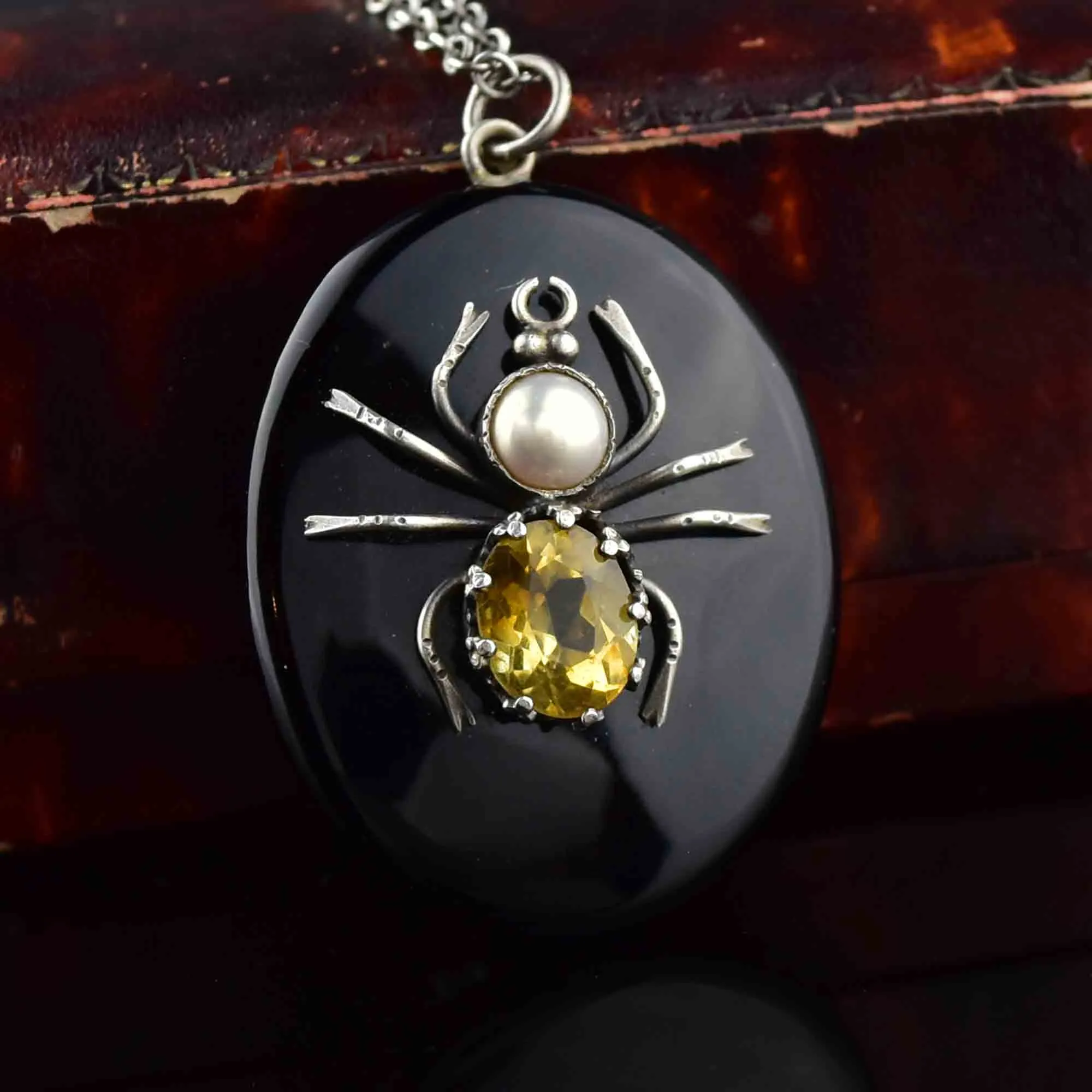 Victorian Citrine Spider French Jet Locket Necklace