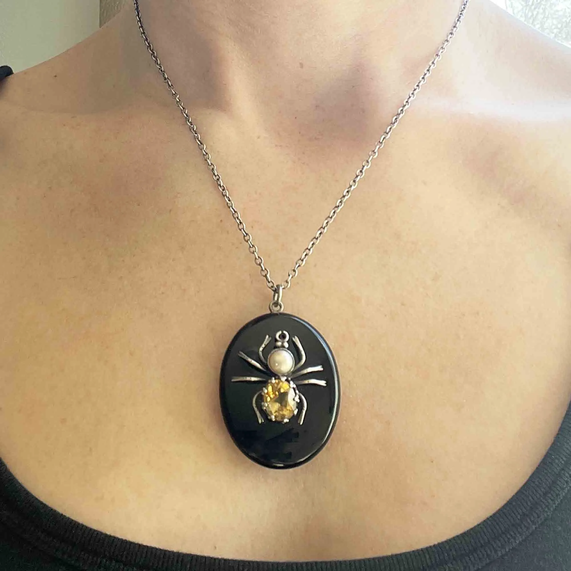 Victorian Citrine Spider French Jet Locket Necklace