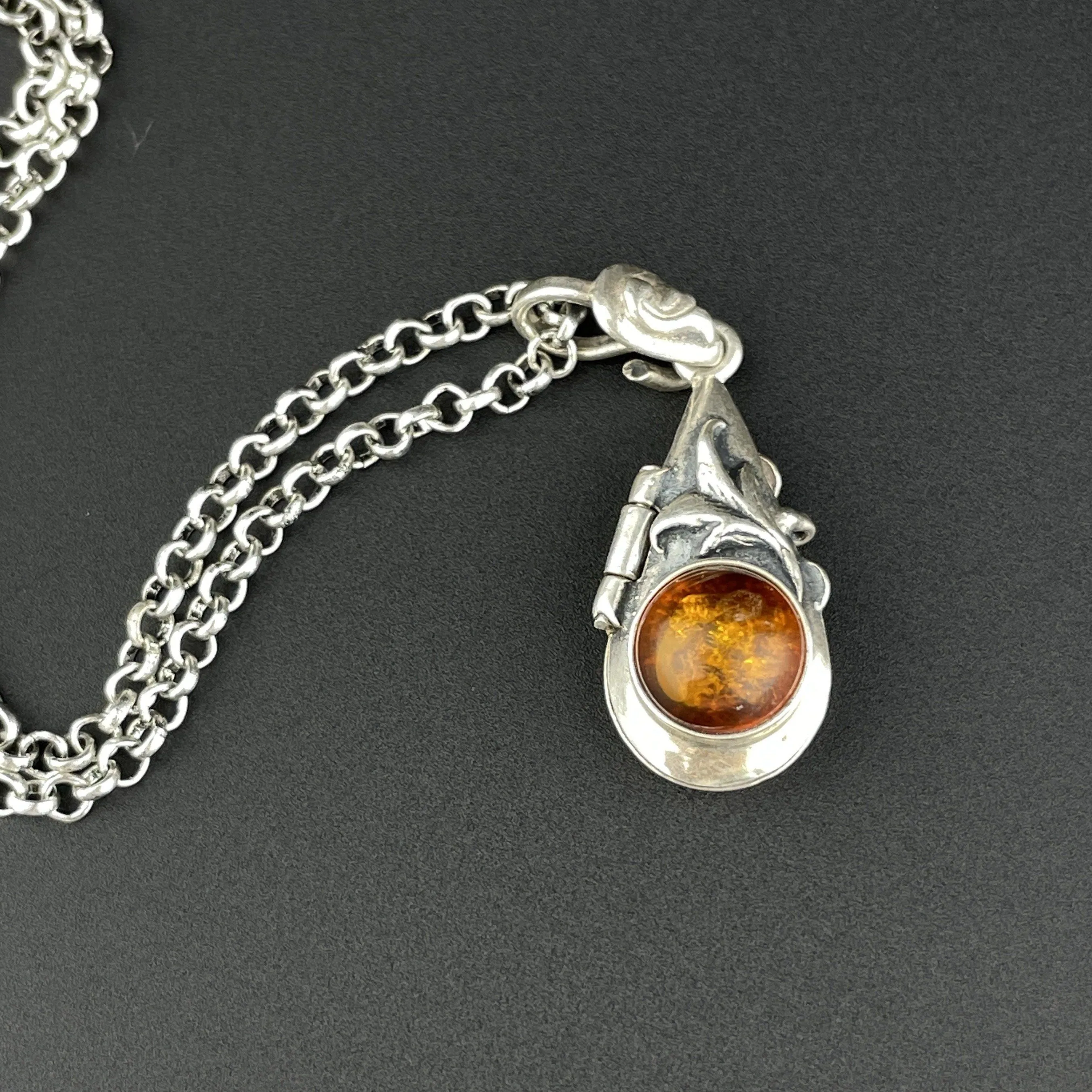 Vintage Arts and Crafts Style Amber Teardrop Silver Locket Pendant