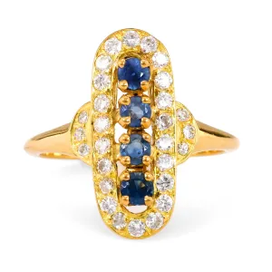 Vintage French Sapphire Diamond 18K Yellow Gold Navette Ring