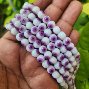 WHITE OPAQUE WITH PURPLE EYE' 8 MM ROUND ' SUPER FINE QUALITY EVIL EYE GLASS CRYSTAL BEADS SOLD BY PER LIN PACK' APPROX PIECES 47-48 BEADS