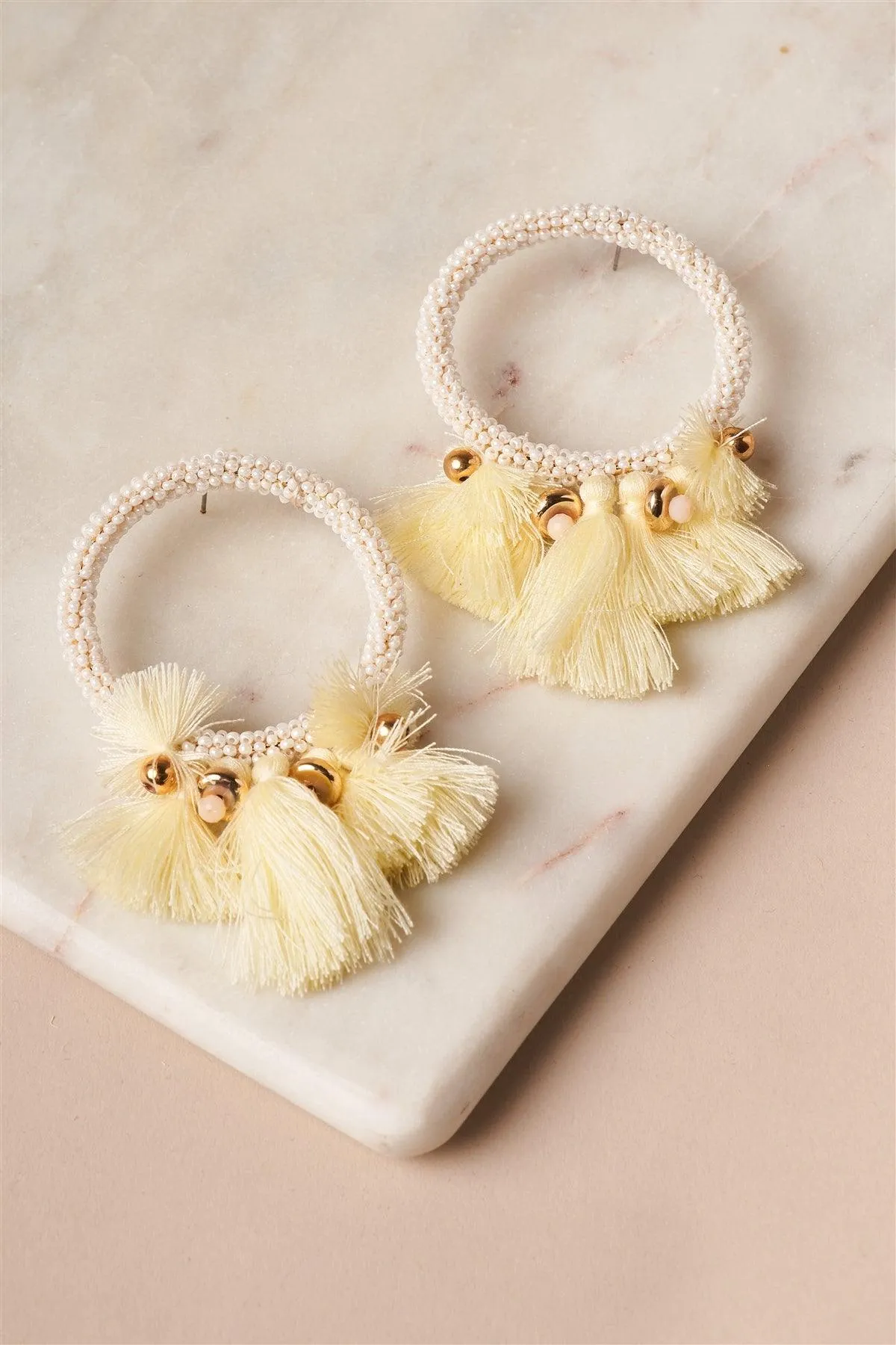 White Yellow Beaded Hoop Tassel Earrings /1 Pair