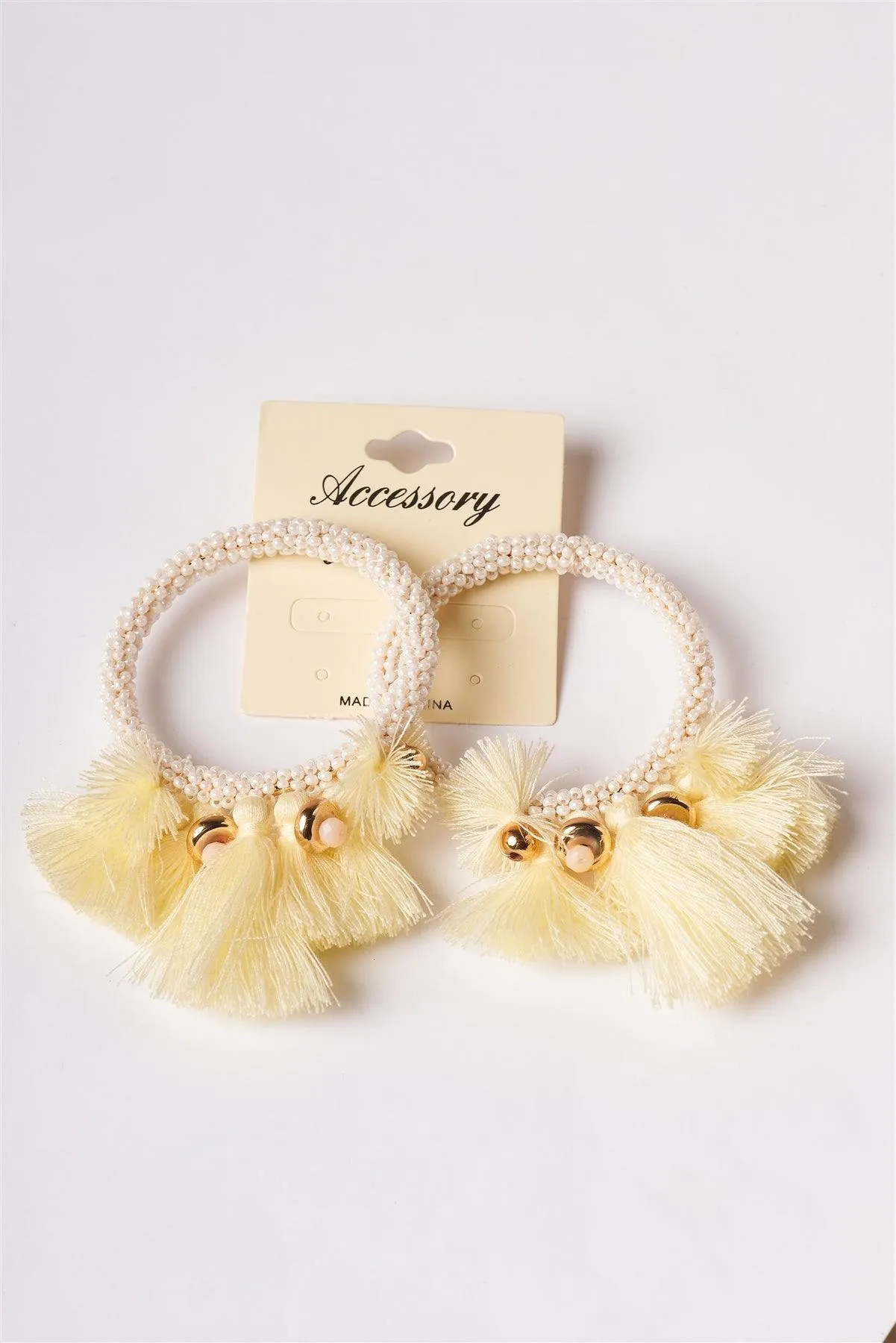 White Yellow Beaded Hoop Tassel Earrings /1 Pair