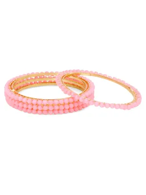 Yellow Chimes Classic Design Handcrafted Beads Studded Gold Plated 4 Pcs Pink Beaded Bangles Set For Women & Girls (2.4)