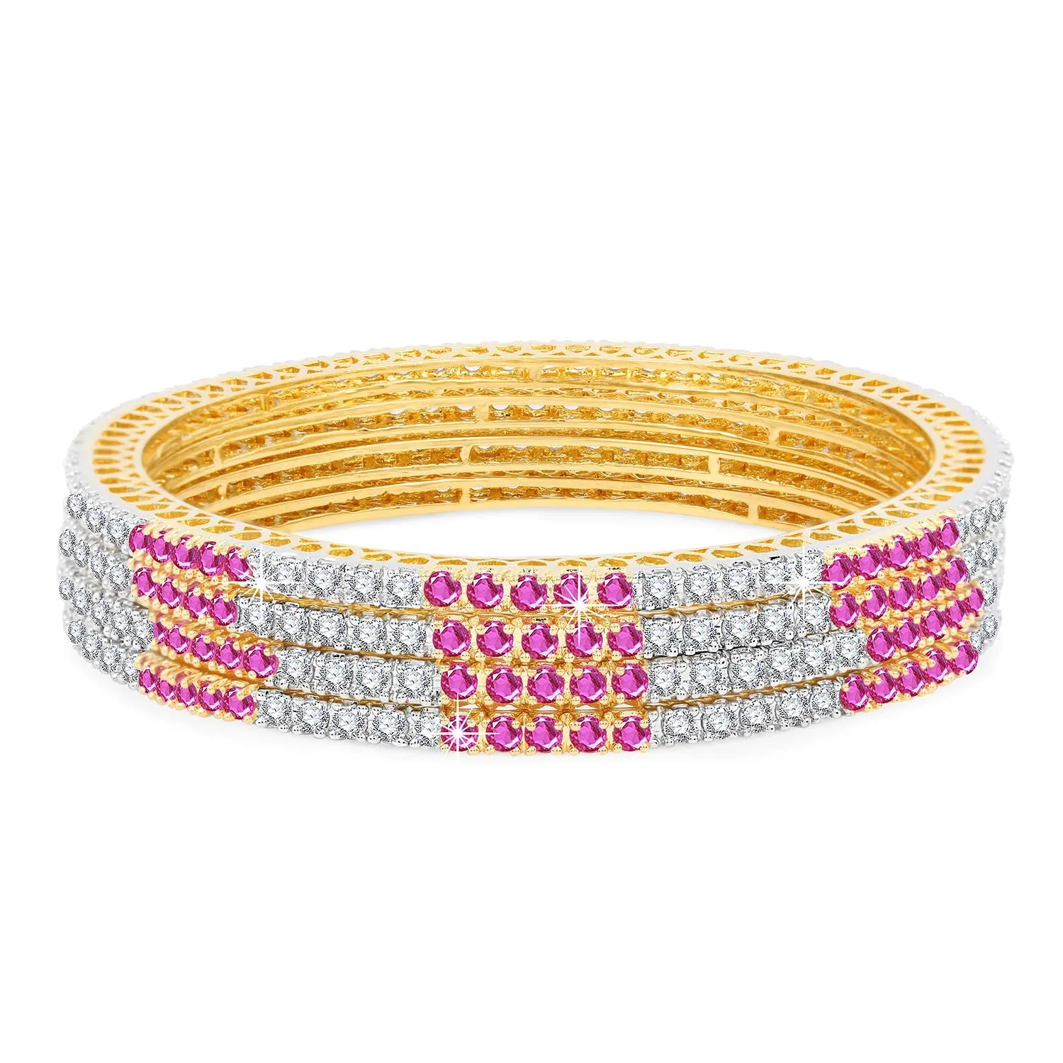 Yellow Chimes Elegant Pink AD/American Diamond Studded 18k Gold Plated Classic 4 PCs Handcrafted Bangles Set for Women & Girls (2.8)