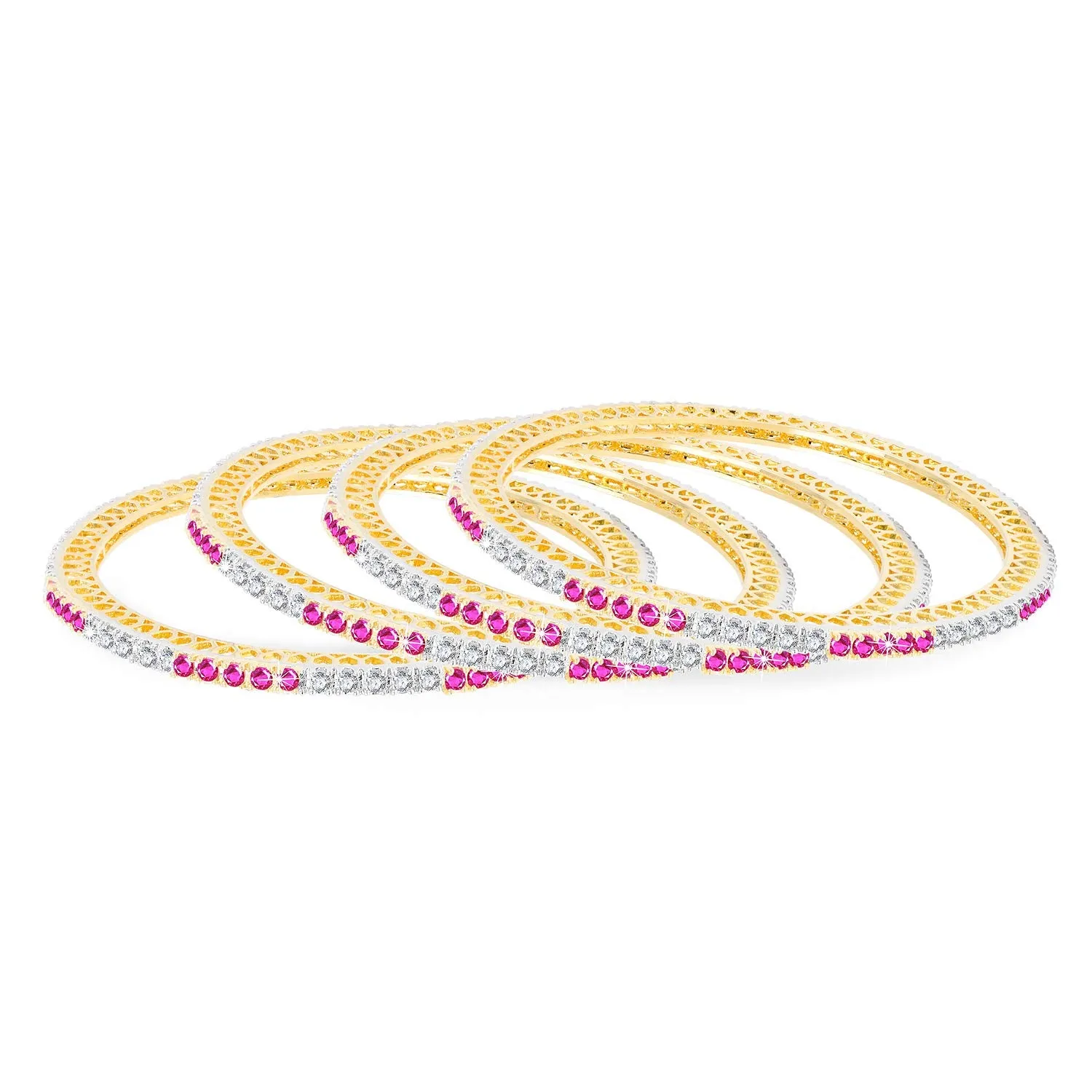 Yellow Chimes Elegant Pink AD/American Diamond Studded 18k Gold Plated Classic 4 PCs Handcrafted Bangles Set for Women & Girls (2.8)