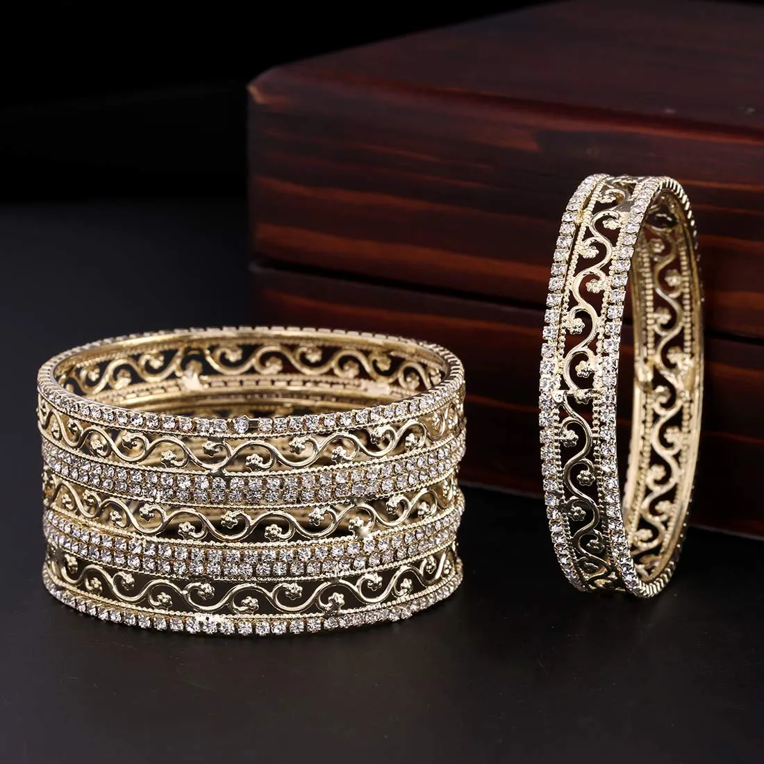 Yellow Chimes Gold Plated Crystal Studded Designer Traditional 4 Pcs Bangles Set for Women and Girls (2.6)