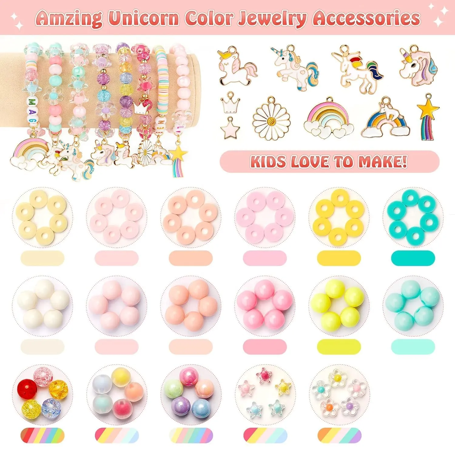 yifely Bracelet Making Kit, Beads for Jewelry Making Kit with Unicorn Charms, Flat Round Polymer Clay Beads, Heishi Beads for Bracelets Necklace Making, DIY Arts Crafts Kit Gifts for Girls